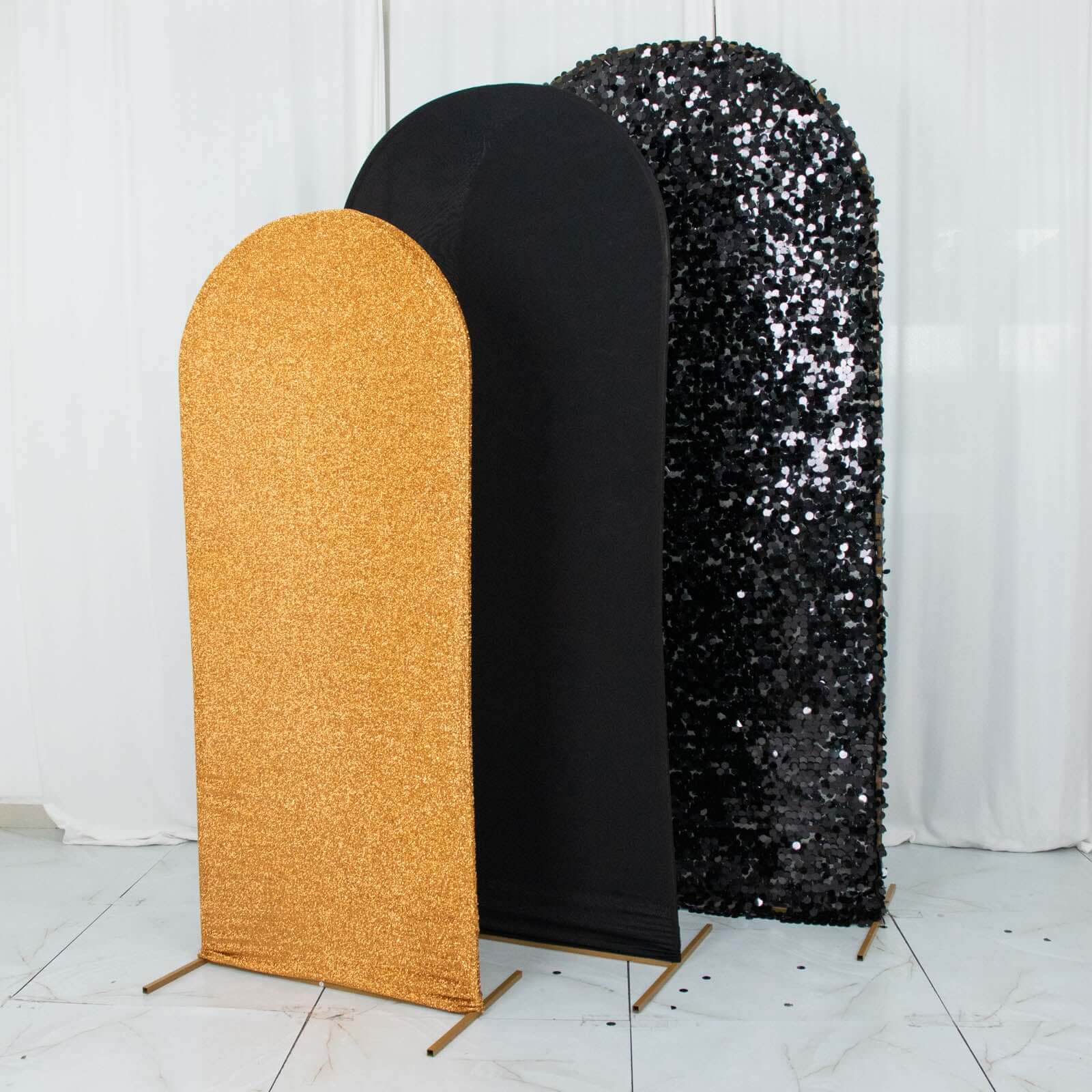 Set of 3 Black Gold Round Top Fitted Wedding Arch Frame Covers, Big Payette Sequin, Shimmer Tinsel and Matte Spandex Backdrop Stand Covers Pro Linens