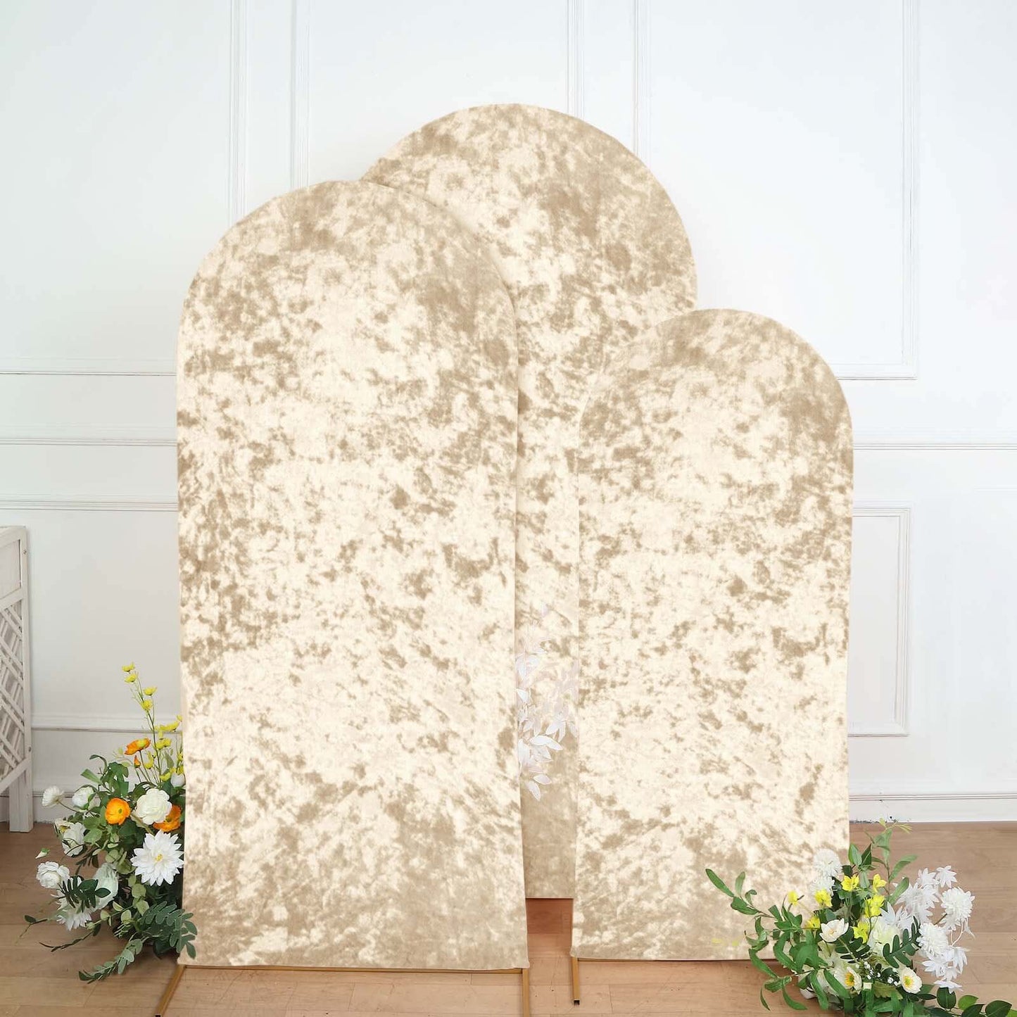 Set of 3 Champagne Crushed Velvet Chiara Backdrop Stand Covers For Round Top Wedding Arches - 5ft, 6ft, 7ft Pro Linens