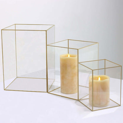 Set of 3 Clear Acrylic Flower Display Boxes Pillar Candle Holders With Gold Rims - 6",8",10" Pro Linens