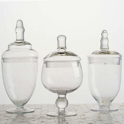 Set of 3 Clear Apothecary Glass Jars with Snap On Lids, Decorative Footed Storage Jars Candy Buffet Containers - 8.5",9",10" Pro Linens