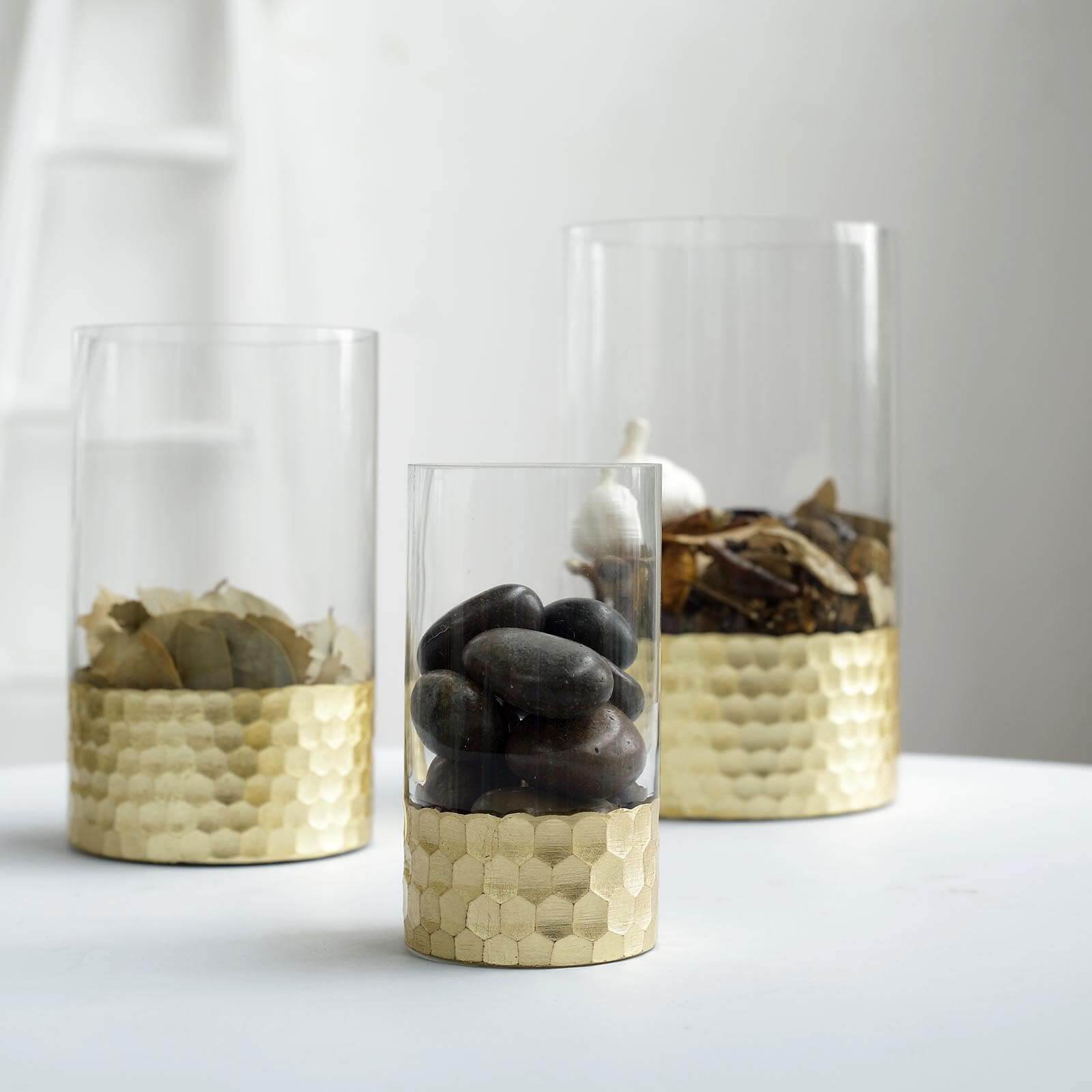 Set of 3 Clear Glass Cylinder Vases with Gold Honeycomb Base, Votive Tealight Candle Holder Set - 6",8",10" Pro Linens