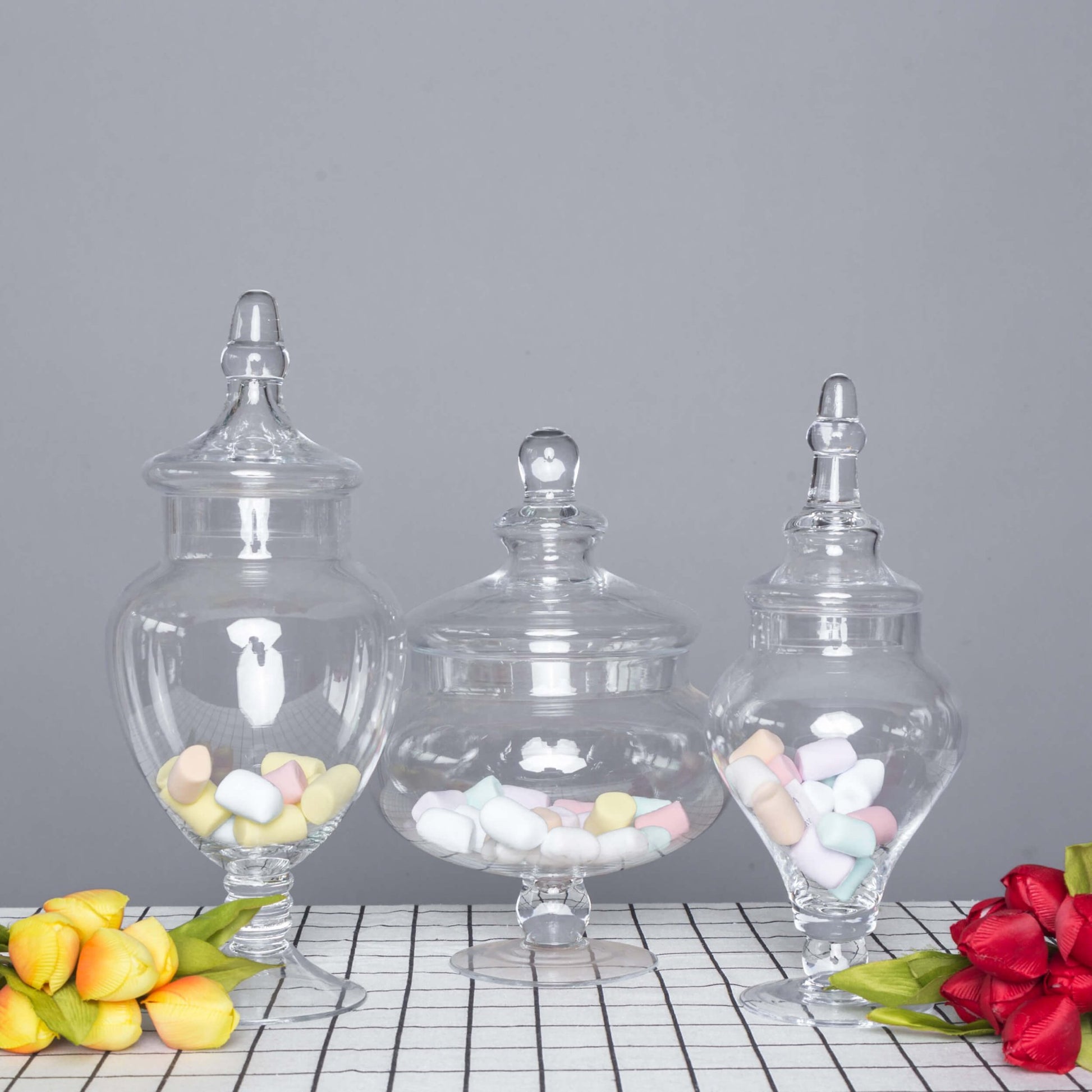 Set of 3 Clear Glass Pedestal Apothecary Party Favor Candy Jars With Snap On Lids - 10" 12" 14" Pro Linens