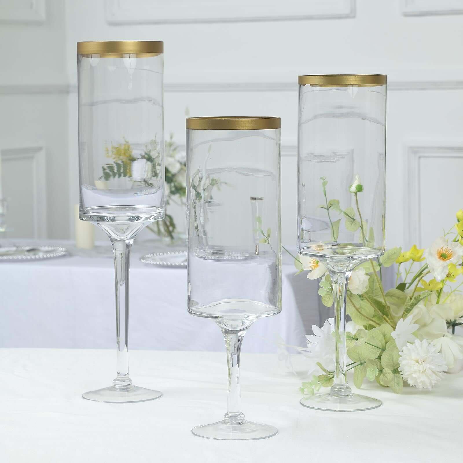 Set Of 3 Clear Gold Rimmed Long Stem Glass Hurricane Candle Stands, Cylindrical Pedestal Flower Vases - 16", 18", 20" Pro Linens