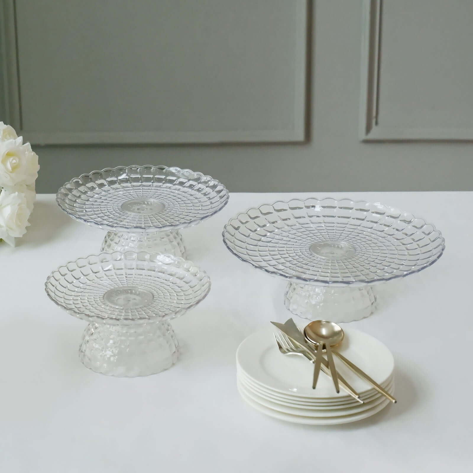 Set of 3 Clear Pressed Contemporary Design Plastic Cake Stands With Bowl Base, Stackable Cupcake Dessert Holders - 8", 10", 12" Pro Linens