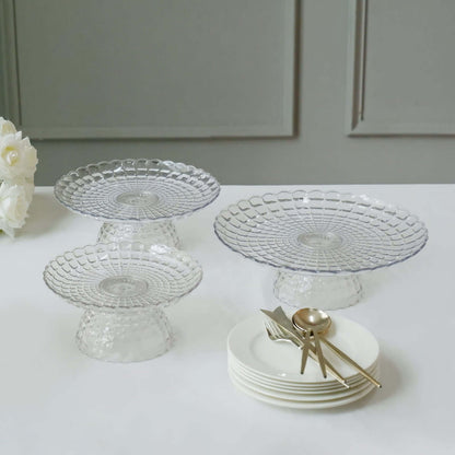 Set of 3 Clear Pressed Contemporary Design Plastic Cake Stands With Bowl Base, Stackable Cupcake Dessert Holders - 8", 10", 12" Pro Linens