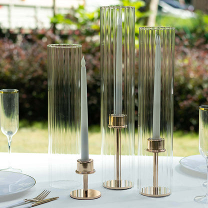 Set of 3 Clear Ribbed Candle Holder Glass Shades With Open Ends, Pillar Hurricane Candelabra Candle Shades - 15",17",19" Pro Linens