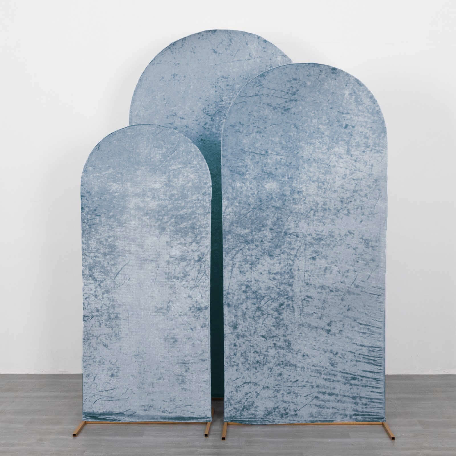 Set of 3 Dusty Blue Crushed Velvet Chiara Backdrop Stand Covers For Round Top Wedding Arches - 5ft, 6ft, 7ft Pro Linens