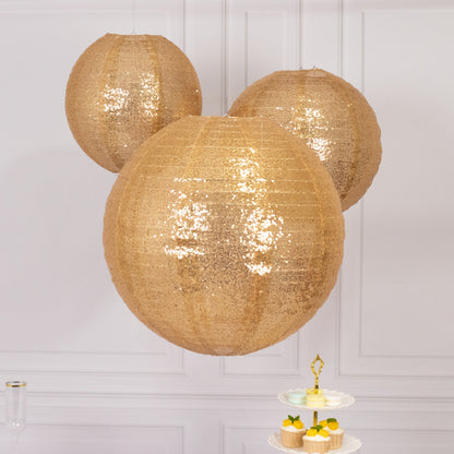 Set of 3 Glitter Gold Sequin Fabric Hanging Lanterns, Large Decorative Round Foldable Chinese Lantern Lampshades - 14",16",20" Pro Linens