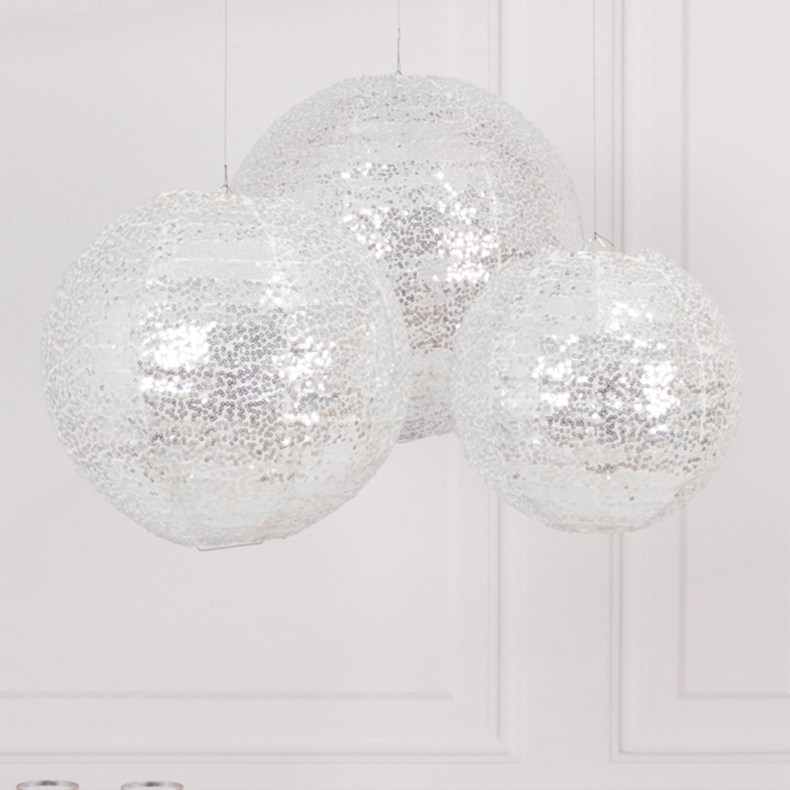 Set of 3 Glitter Silver Sequin Fabric Hanging Lanterns, Decorative Round Foldable Chinese Lantern Lampshades - 8",10",12" Pro Linens