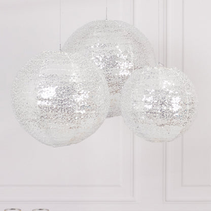 Set of 3 Glitter Silver Sequin Fabric Hanging Lanterns, Decorative Round Foldable Chinese Lantern Lampshades - 8",10",12" Pro Linens