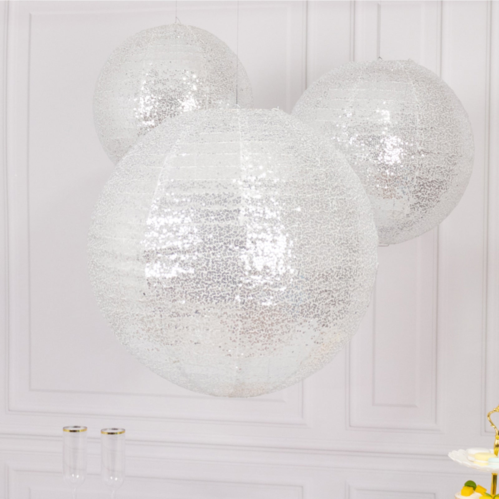 Set of 3 Glitter Silver Sequin Fabric Hanging Lanterns, Large Decorative Round Foldable Chinese Lantern Lampshades - 14",16",20" Pro Linens