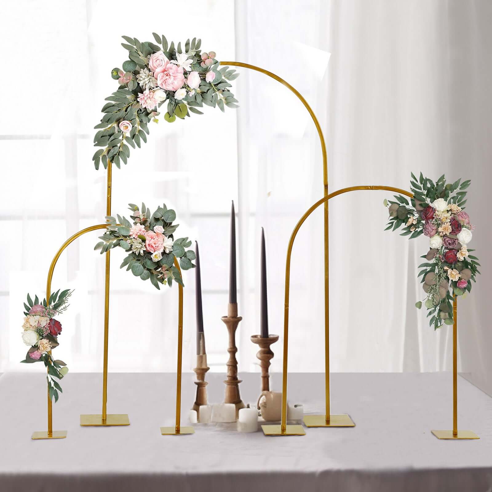 Set of 3 Gold Metal Chiara Arch Wedding Cake Display Stand with Rounded Top, Flower Balloon Frame Table Centerpieces with Detachable Base - 20",23",35" Pro Linens