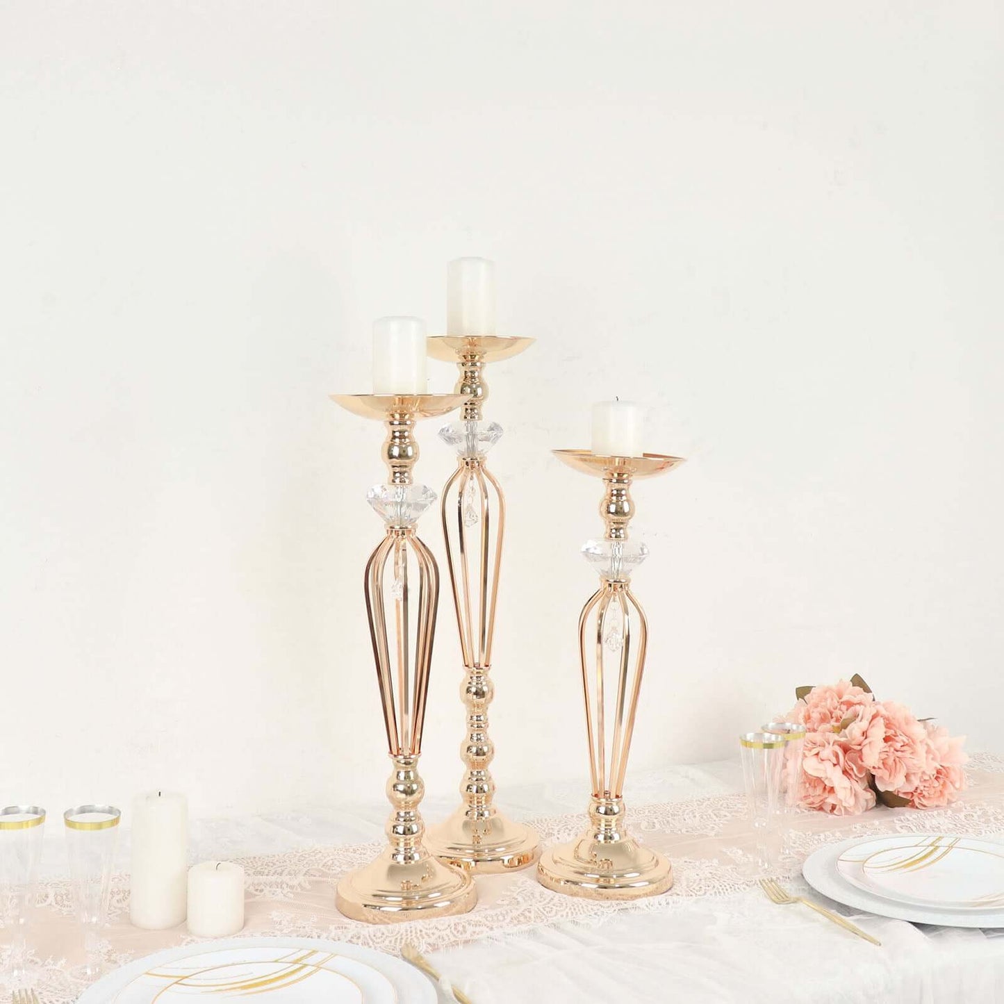 Set of 3 Gold Metal Crystal Ball Pillar Candle Holders Set, Flower Bowl Pedestal Stand - 20", 23", 25" Pro Linens