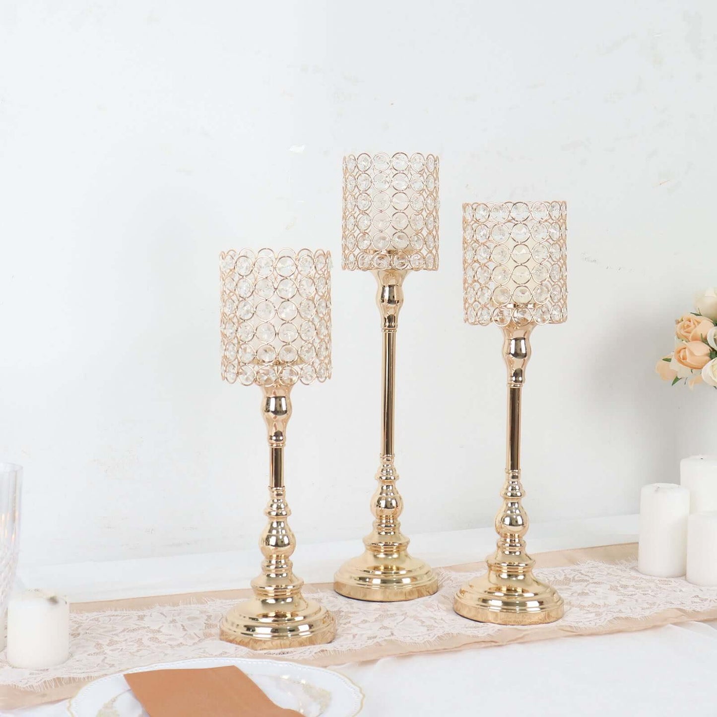 Set of 3 Gold Metal Crystal Beaded Goblet Tea Light Candle Holders, Votive Candle Stand Centerpieces - 18", 16", 14" Pro Linens