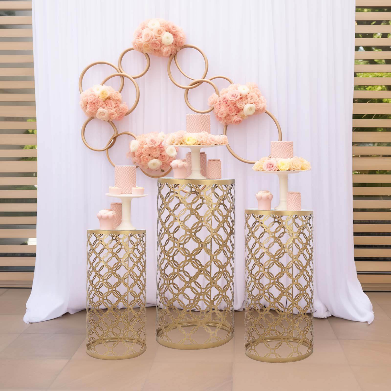 Set of 3 Gold Metal Cylinder Pillar Cake Display Stands, Round Mesh Plinth Pedestal Stand in Hollow Overlapping Circles Pattern - 22",24",30" Pro Linens