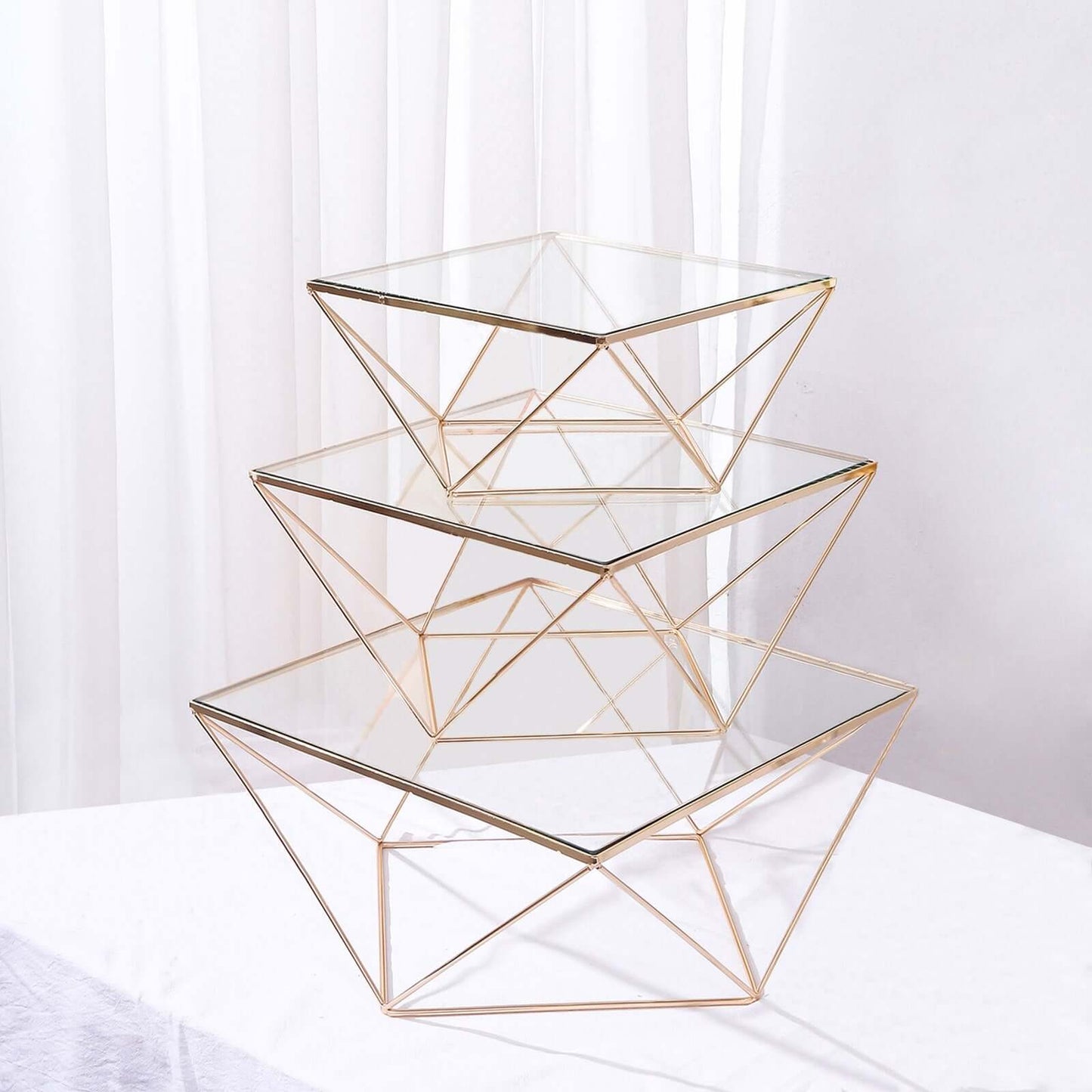 Set of 3 Gold Metal Geometric Stackable Cake Dessert Stand Pedestals with Square Glass Top Pro Linens