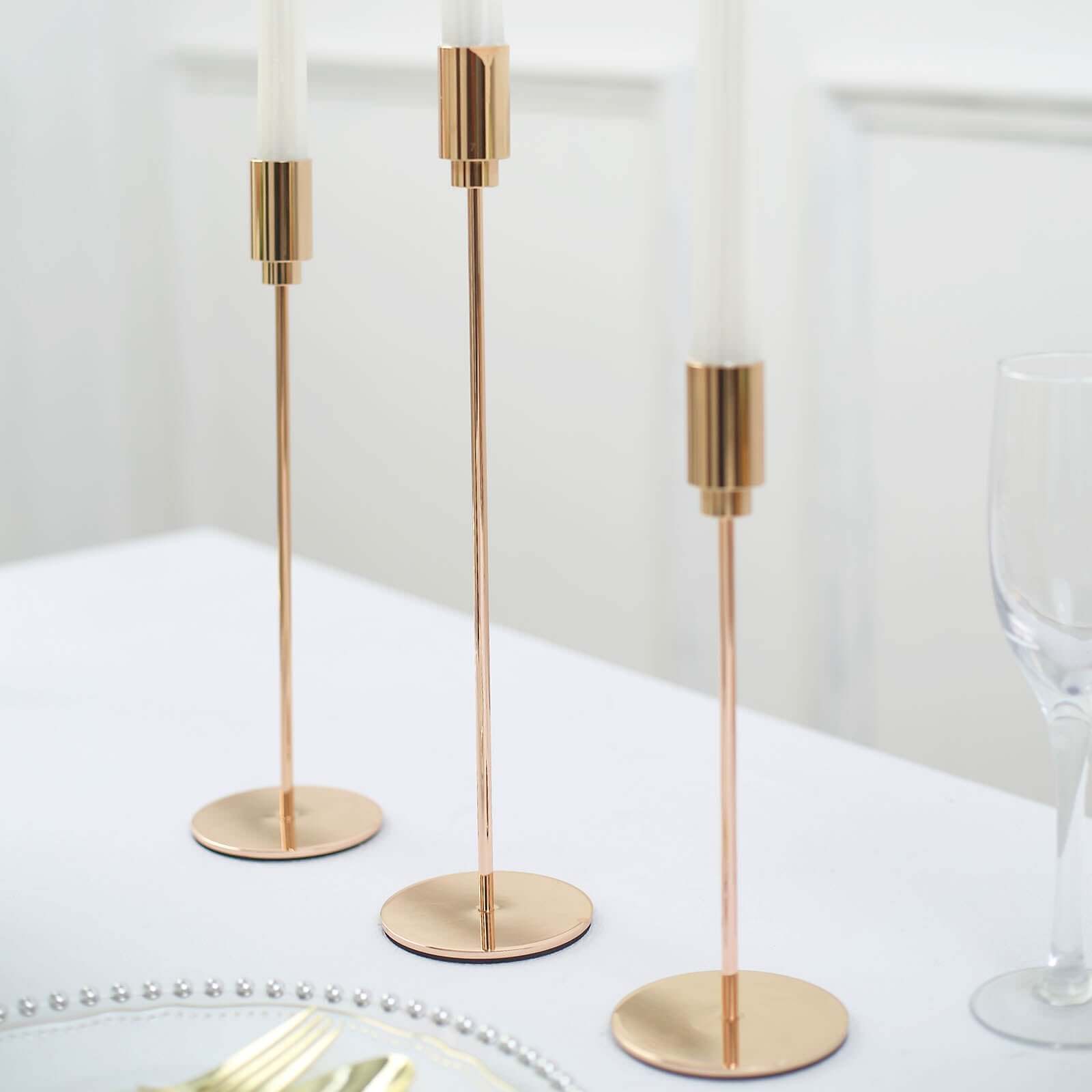 Set of 3 Gold Metal Taper Candle Holder Set, Skinny Candlestick Stand With Round Solid Base - 9",10",13" Pro Linens