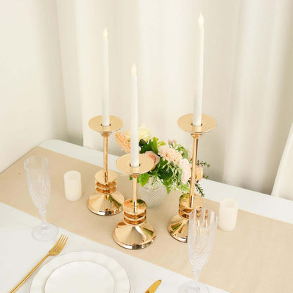 Set of 3 Gold Metal Taper Candle Stands, 3 Disk Pedestal Design Candlestick Holders - 9", 11", 13" Pro Linens