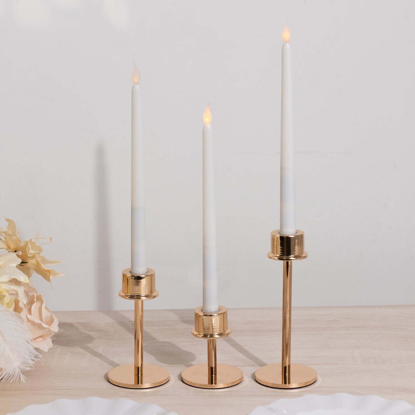 Set of 3 Gold Metal Taper Candle Stands with Round Base, Hurricane Candlestick Holders - 3.5",5.5",8" Pro Linens