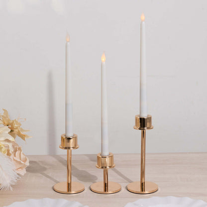 Set of 3 Gold Metal Taper Candle Stands with Round Base, Hurricane Candlestick Holders - 3.5",5.5",8" Pro Linens