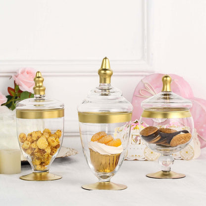 Set of 3 Gold Trim Clear Apothecary Glass Jars with Snap On Lids, Decorative Footed Storage Jars Candy Buffet Containers - 8.5",9",10" Pro Linens