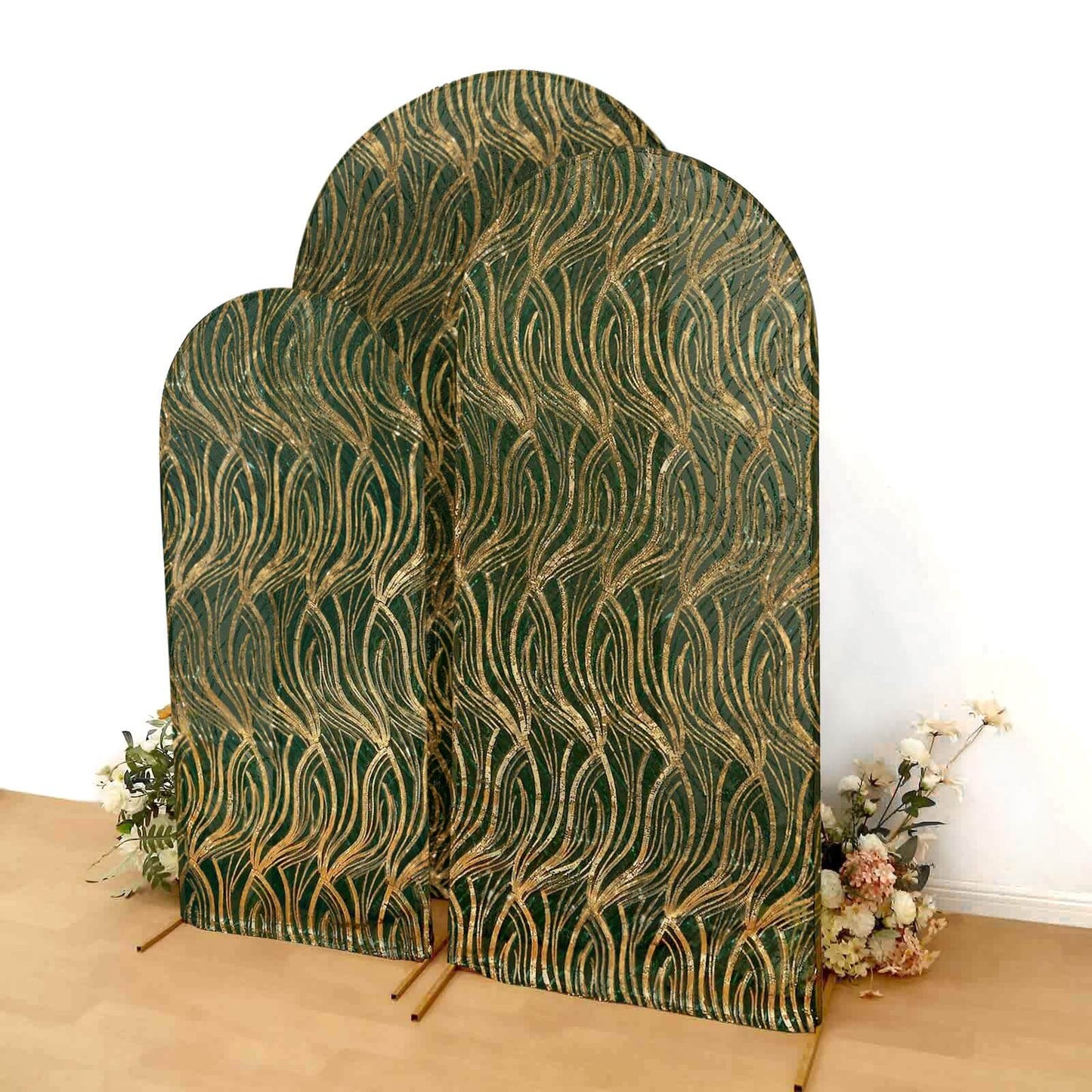 Set of 3 Hunter Emerald Green Wave Mesh Chiara Wedding Arch Covers With Gold Embroidered Sequins, Fitted Covers For Round Top Backdrop Stands - 5ft,6ft,7ft Pro Linens