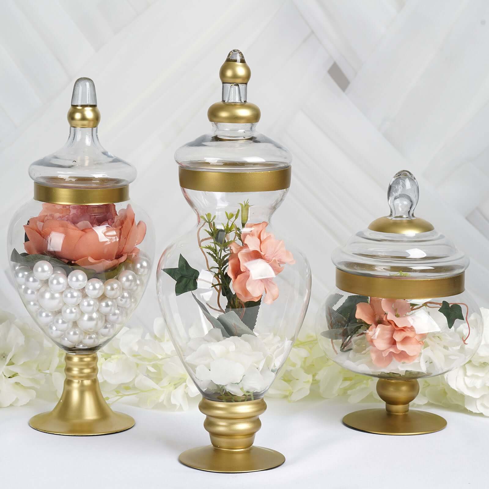 Set of 3 Large Gold Trim Glass Apothecary Party Favor Candy Jars With Snap On Lids - 10" 14" 16" Pro Linens