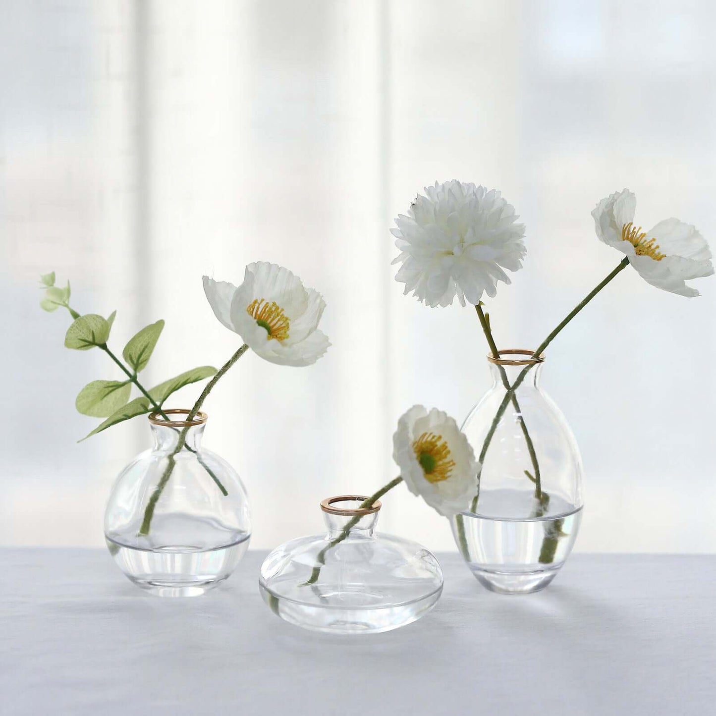 Set of 3 Small Clear Glass Flower Vases With Metallic Gold Rim, Modern Bud Vase Table Centerpieces – Assorted Sizes Pro Linens