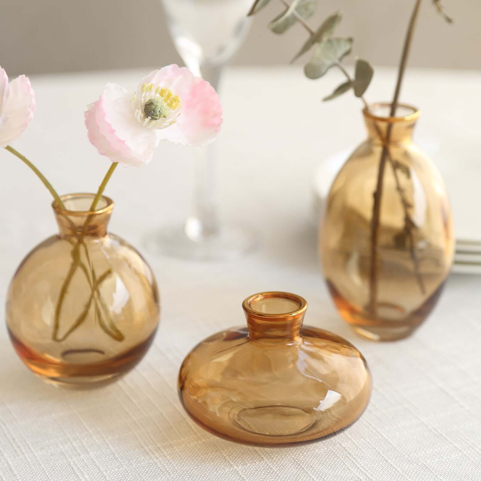 Set of 3 Small Gold Glass Flower Vases With Metallic Gold Rim, Modern Bud Vase Table Centerpieces - Assorted Sizes Pro Linens