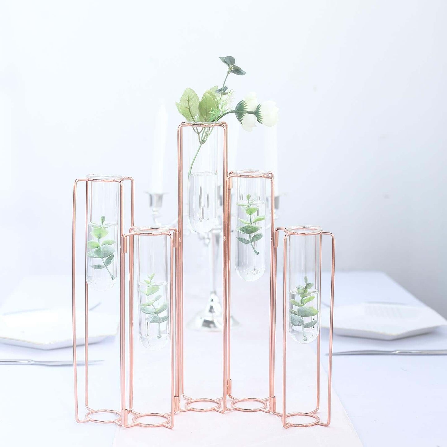 Set of 5 15" Conjoined Rose Gold Frame Test Tube Hydroponic Vases, Geometric Wedding Centerpieces Pro Linens