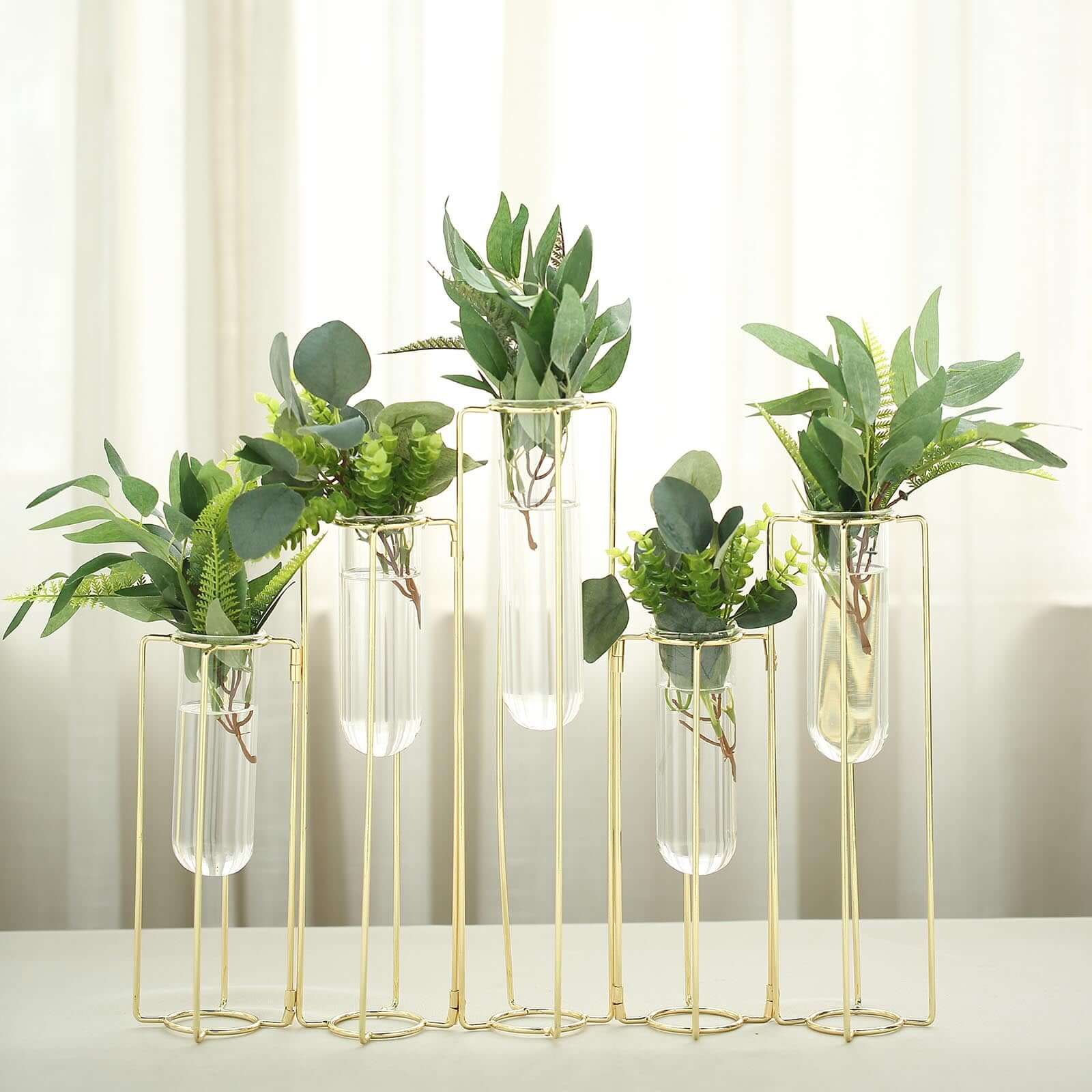 Set of 5 Geometric Gold Frame Test Tube Hydroponic Vases, Conjoined Wedding Centerpieces - 12" Pro Linens