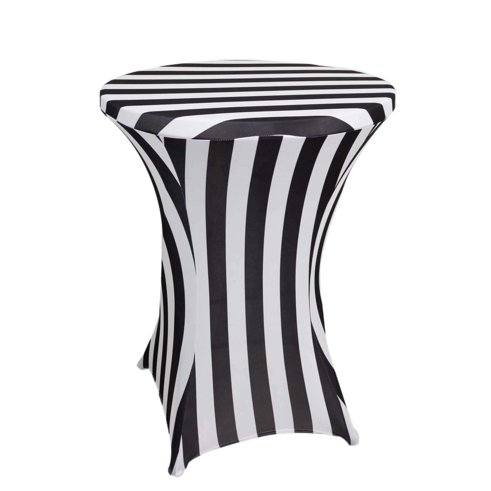 Spandex 32" Fitted Round Cocktail Table Cover Black/White Striped - Easy to Maintain Stretch Tablecloth Pro Linens