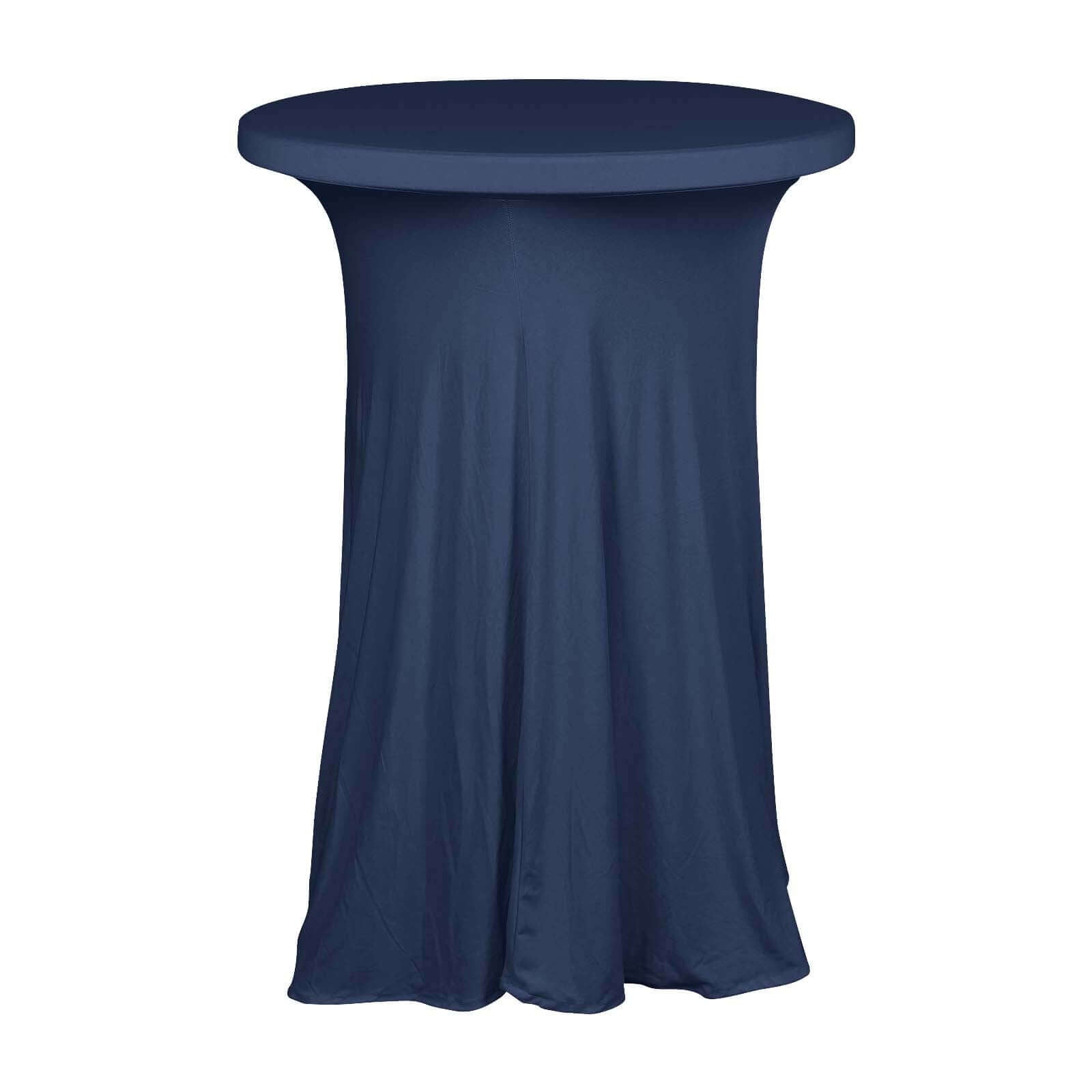 Spandex 32" Round Cocktail Table Cover Skirt Navy Blue With Natural Wavy Drapes Pro Linens