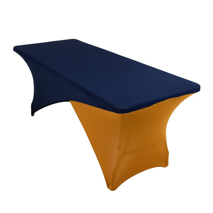 Stretch Spandex 72"x30" Rectangle Table Cover Navy Blue/Gold Cross Over Design - Two - Piece Fitted Tablecloth with Elastic Foot Pockets - Pro Linens