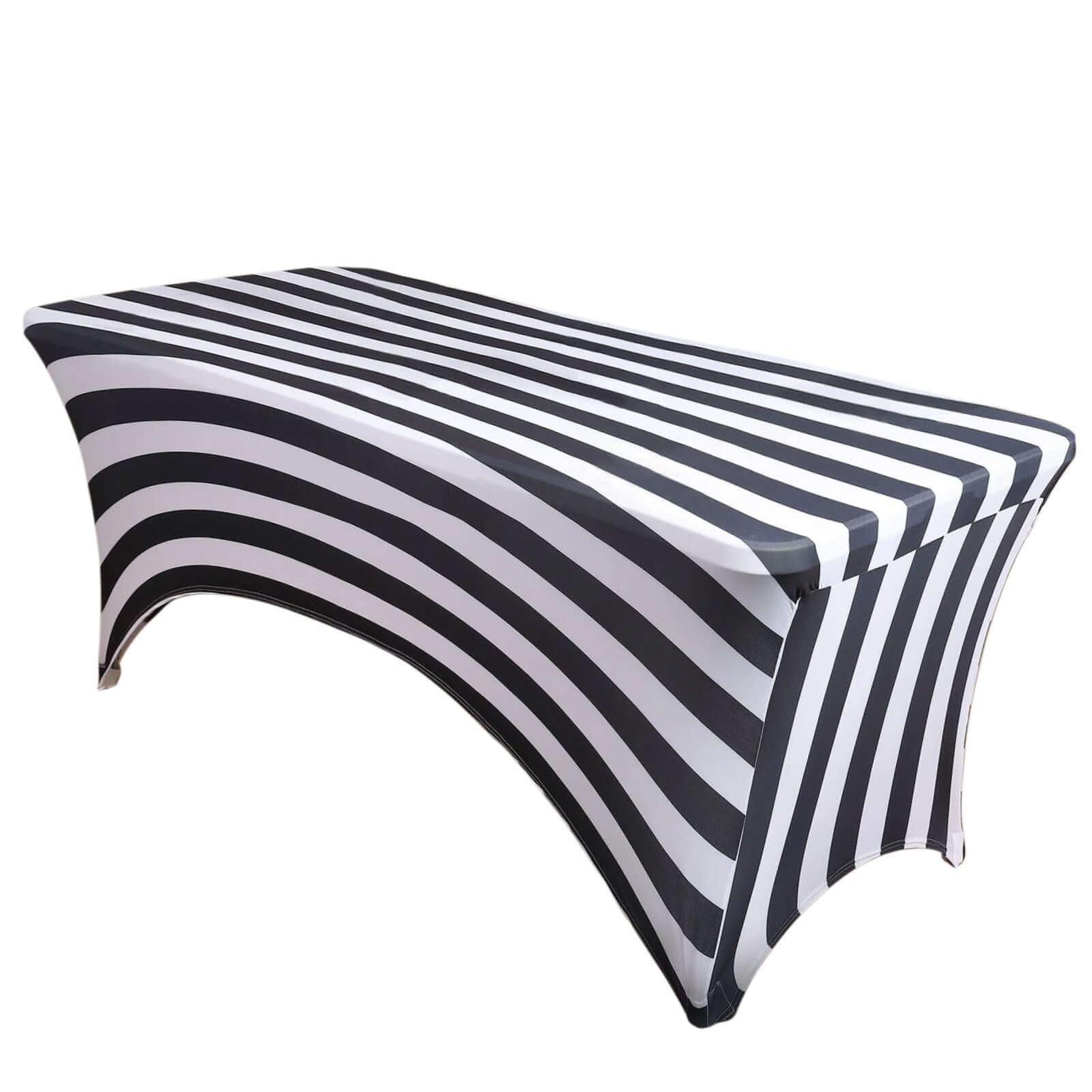 Stretch Spandex 72"x30" Rectangle Tablecloth Black/White Vertical Stripes - Durable Form - Fitting Table Cover for Events & Presentations - Pro Linens