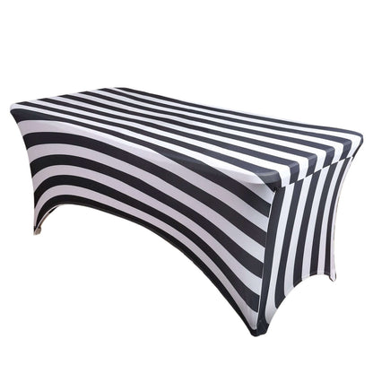 Stretch Spandex 8ft Rectangle Tablecloth Black/White Vertical Stripes - Durable Form - Fitting Tablecloth for Events & Presentations - Pro Linens