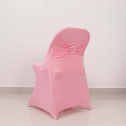 Stretch Spandex Chair Cover Pink for Folding Chairs - Secure Fit Slipcover with Silver Rhinestone Buckled Sash Band Pro Linens