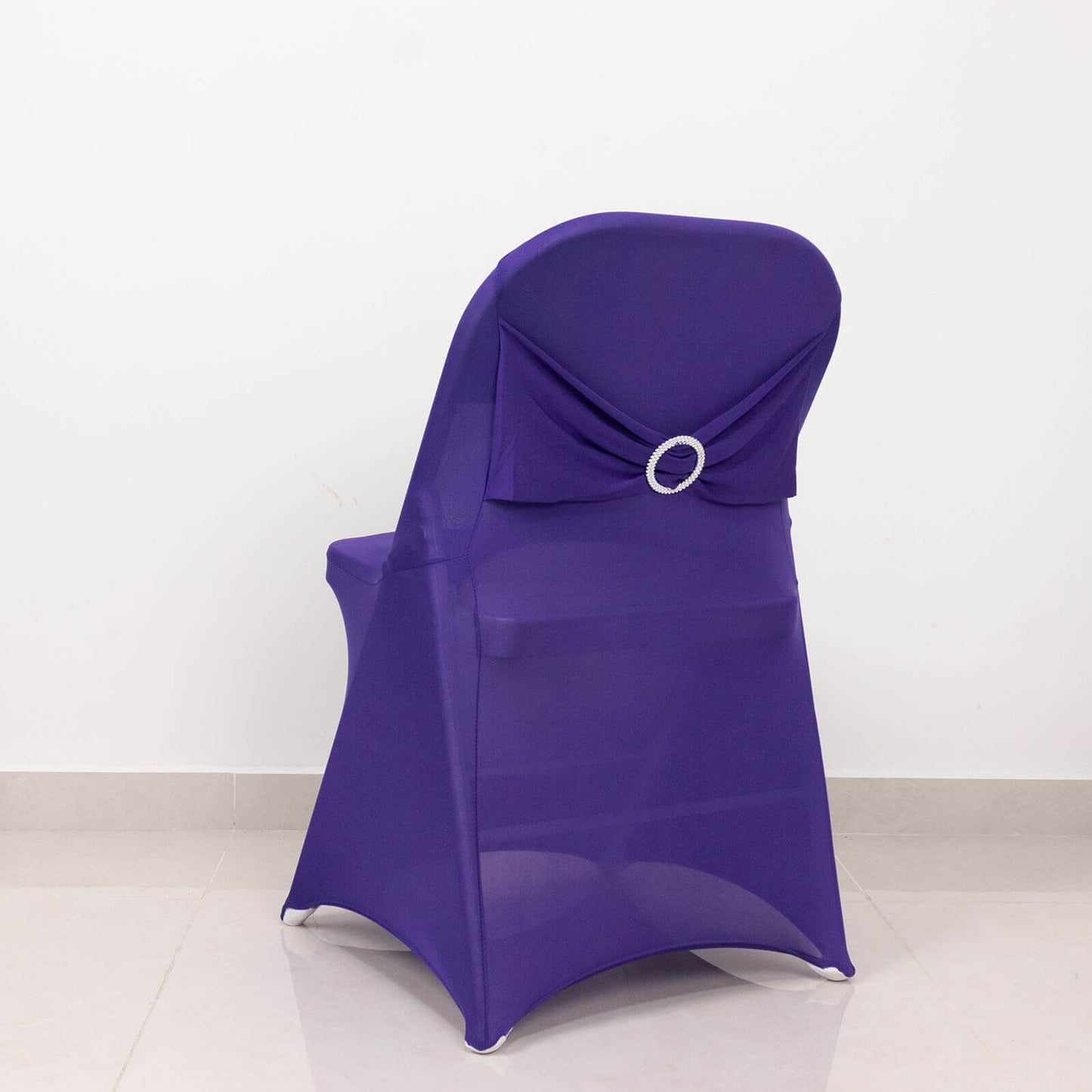 Stretch Spandex Chair Cover Purple for Folding Chairs - Secure Fit Slipcover with Silver Rhinestone Buckled Sash Band Pro Linens