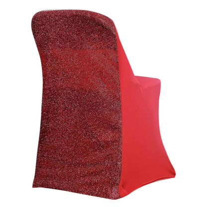 Stretch Spandex Chair Cover Red for Folding Chairs - Metallic Shimmer Tinsel Back Design Fitted Slipcover Pro Linens