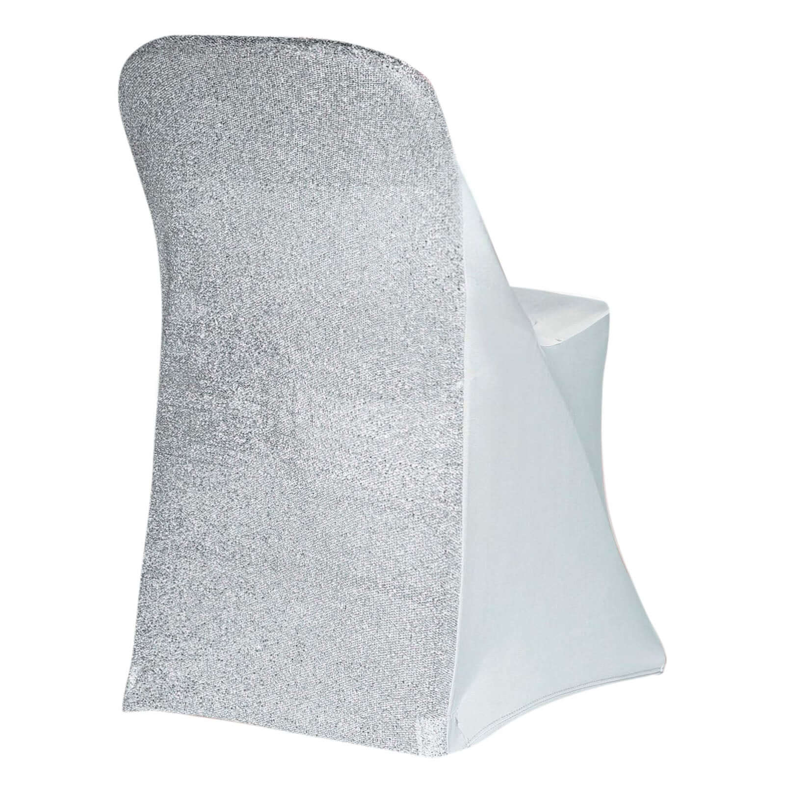 Stretch Spandex Chair Cover Silver for Folding Chairs - Metallic Shimmer Tinsel Back Design Fitted Slipcover Pro Linens