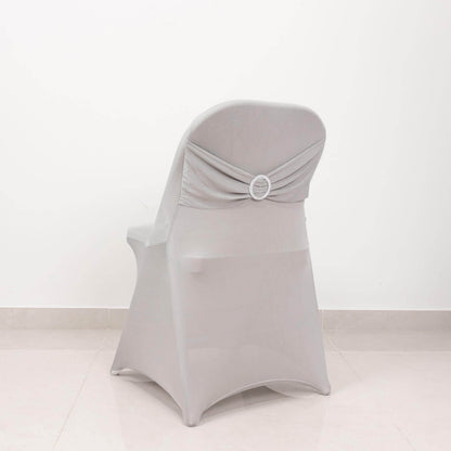 Stretch Spandex Chair Cover Silver for Folding Chairs - Secure Fit Slipcover with Silver Rhinestone Buckled Sash Band Pro Linens