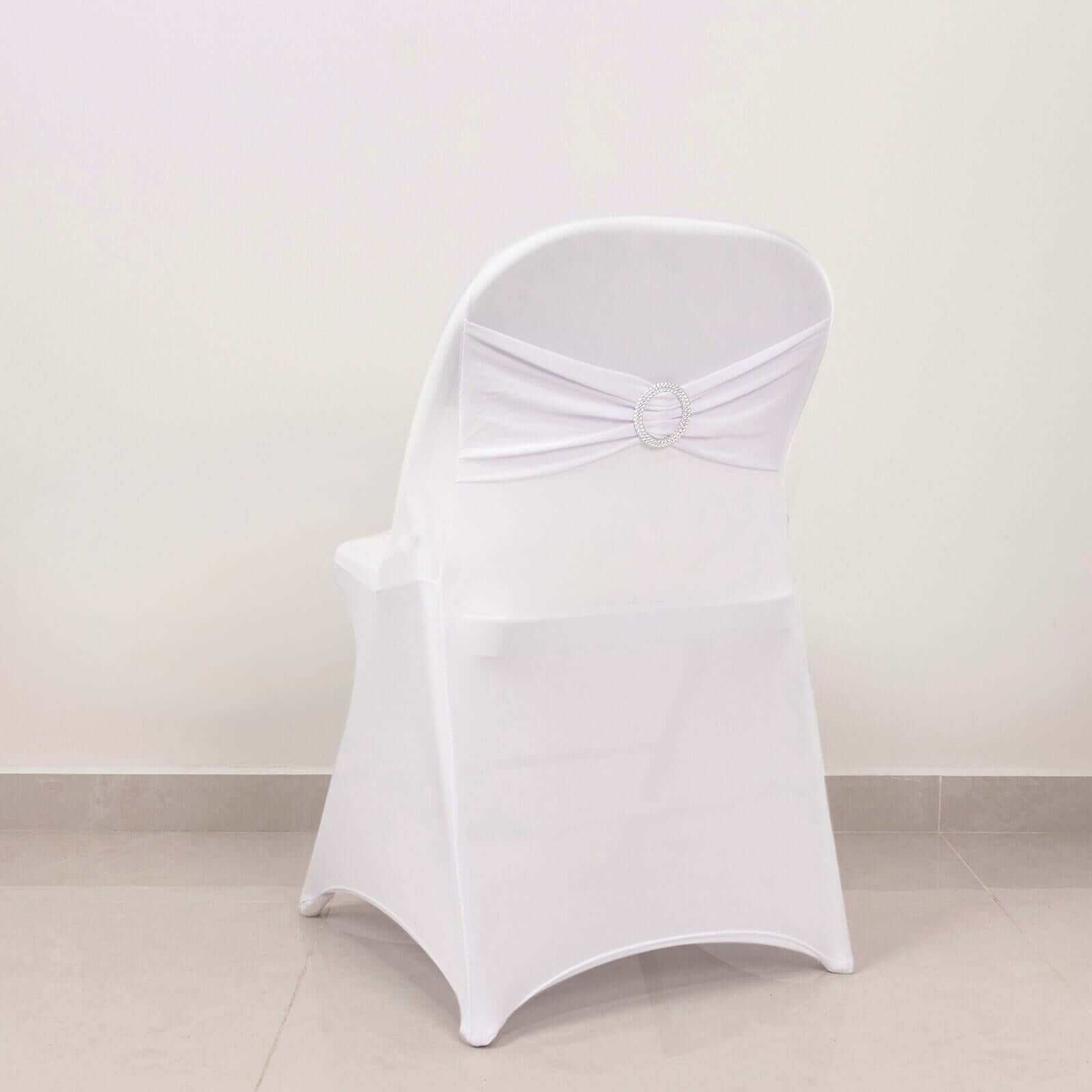 Stretch Spandex Chair Cover White for Folding Chairs - Enhanced Style & Secure Fit Slipcover with Stunning Silver Rhinestone Buckled Sash Band Pro Linens