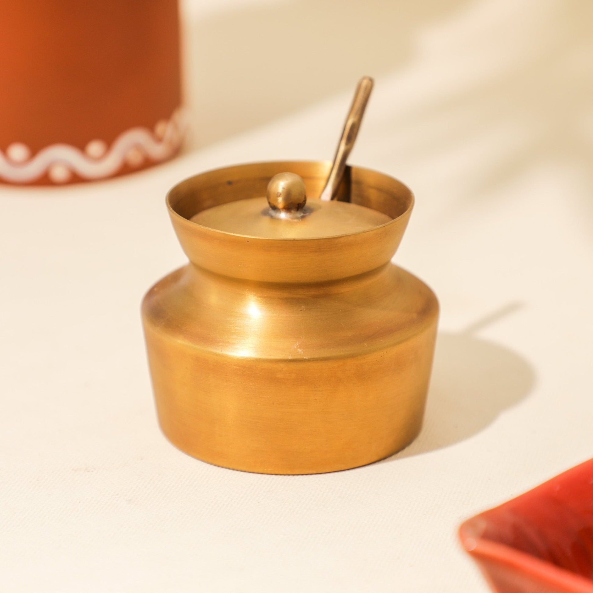 Sugar Pot with Spoon Brass PRO Indian