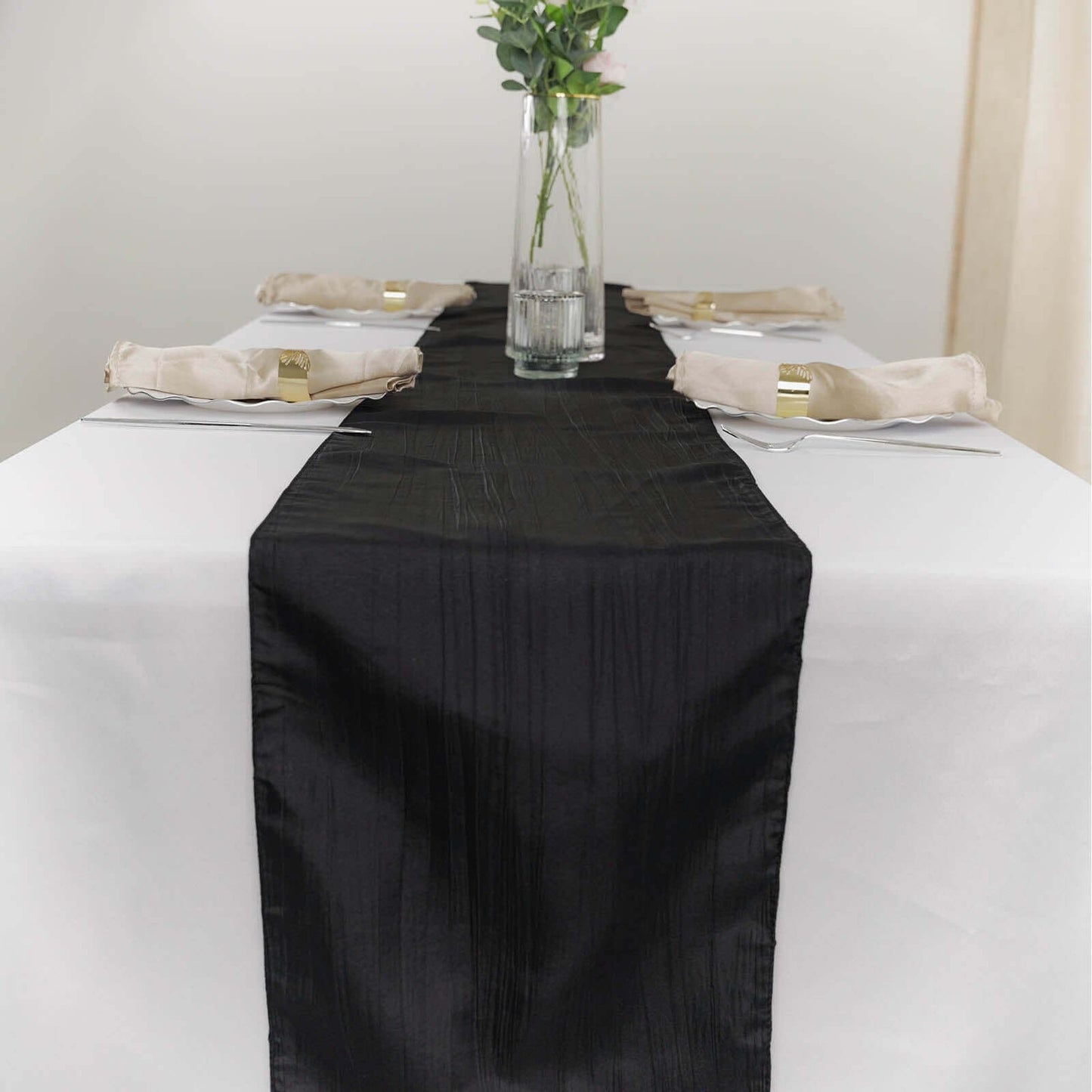 Taffeta 12"x108" Table Runner Black - Accordion Crinkle Design Pro Linens