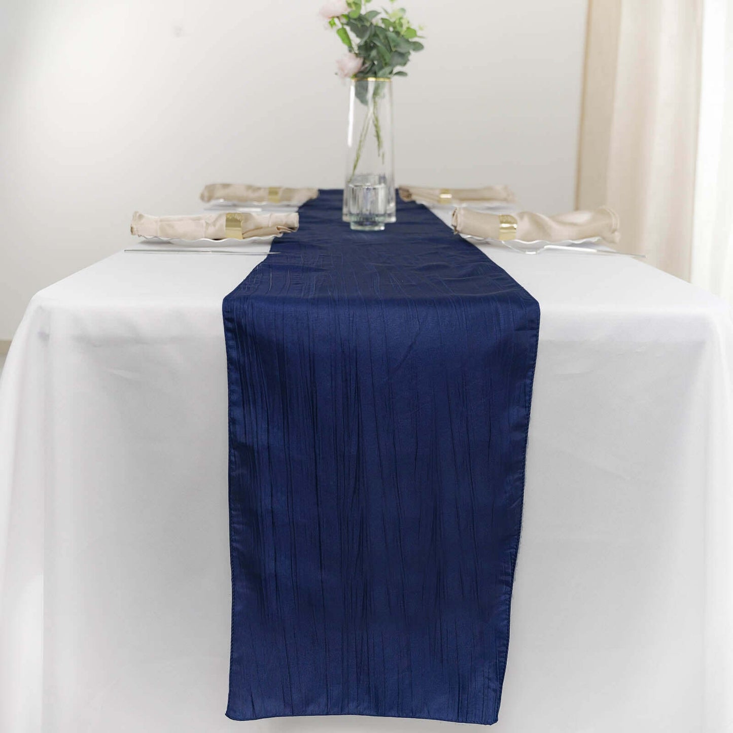 Taffeta 12"x108" Table Runner Navy Blue - Accordion Crinkle Design Pro Linens