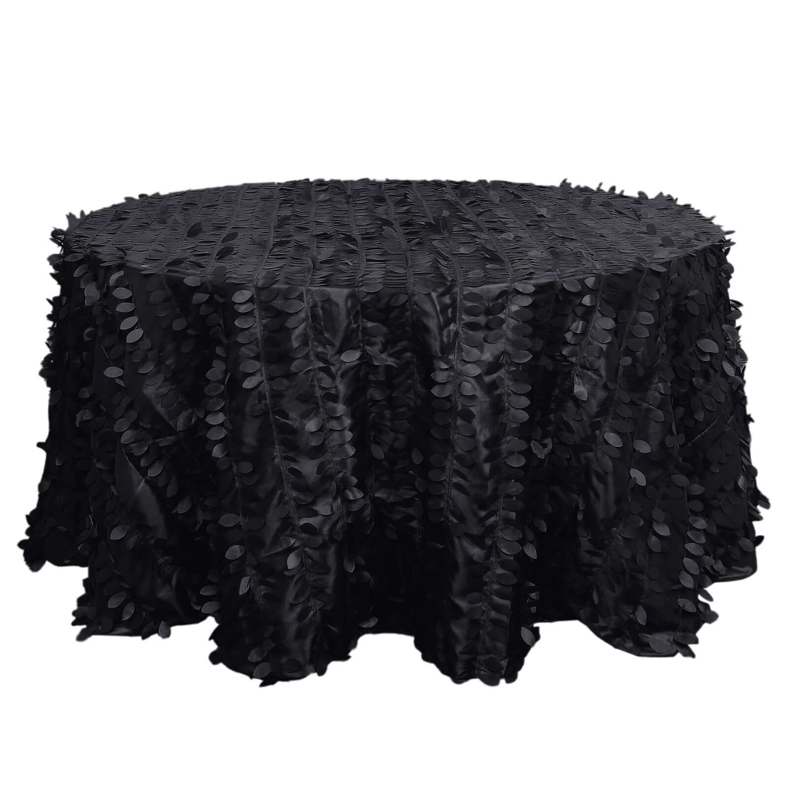 Taffeta 132" Round Tablecloth Black 3D | 3D Leaf Petal Design Seamless Table Cover Pro Linens