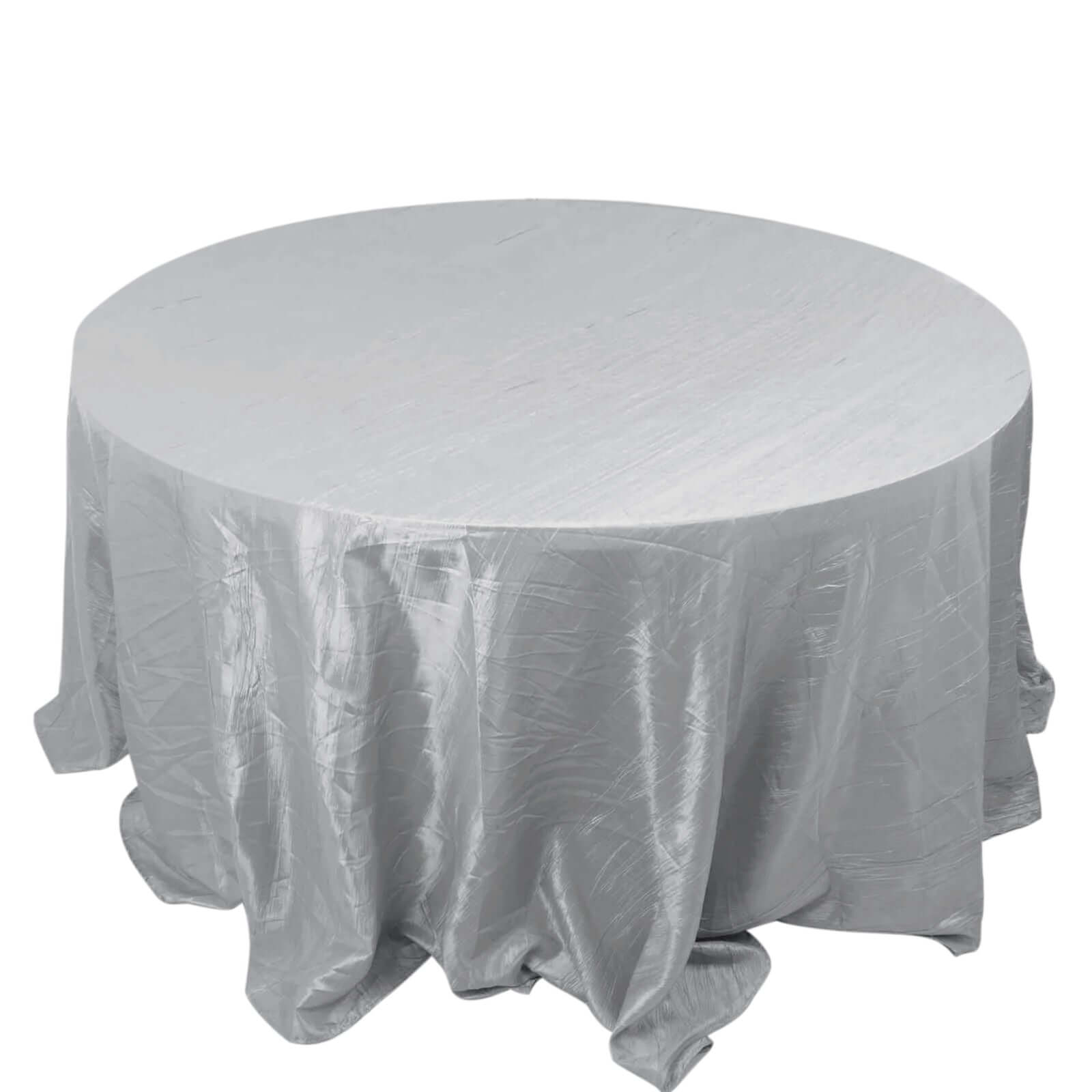 Taffeta 132" Round Tablecloth Silver - Seamless Accordion Crinkle Table Cover Pro Linens