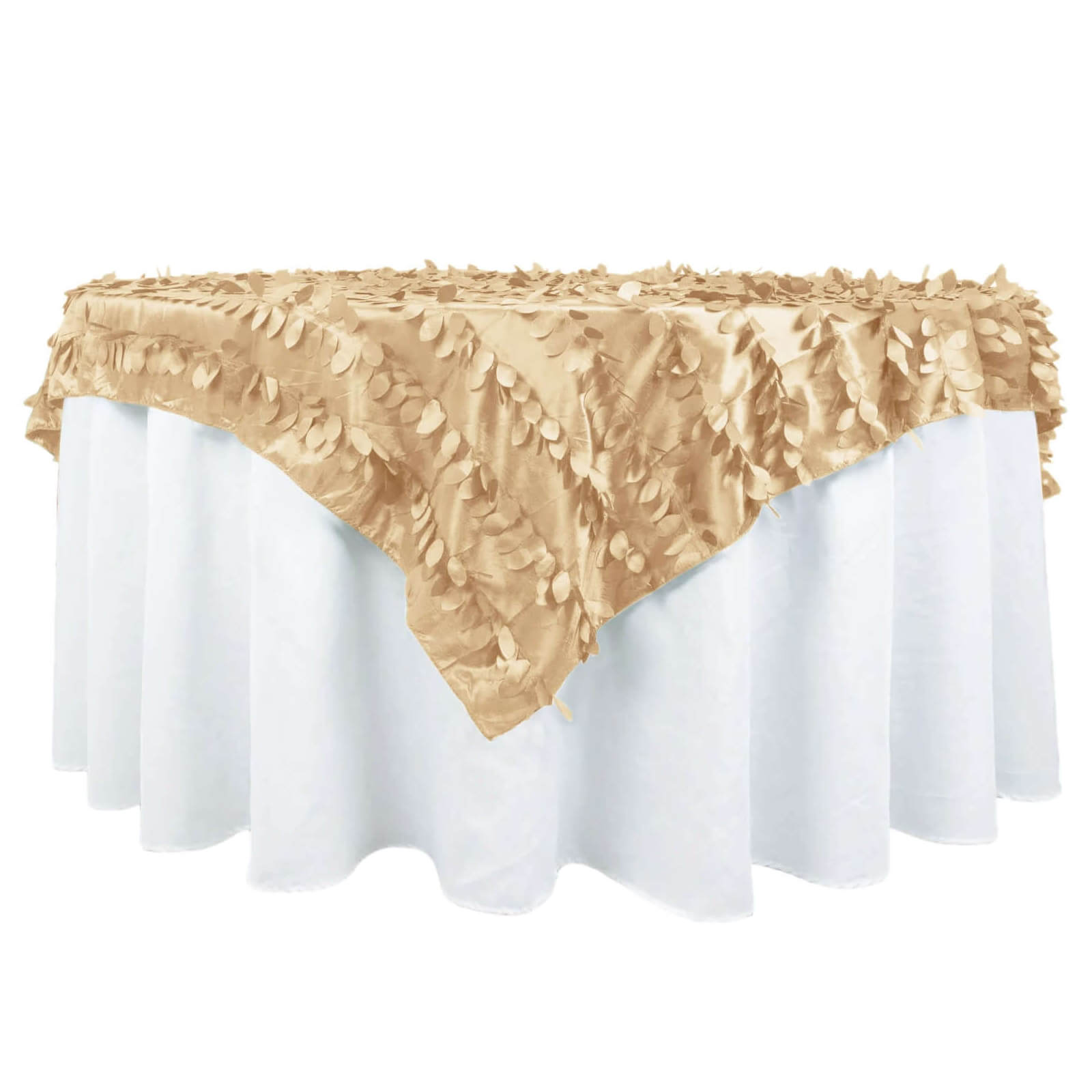 Taffeta 72"x72" Table Overlay Square Tablecloth Champagne - 3D Leaf Petal Table Cover Pro Linens