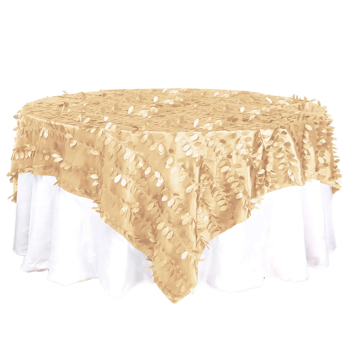 Taffeta 90"x90" Table Overlay Square Tablecloth Champagne - Leaf Petal Design for Stylish Celebrations Pro Linens