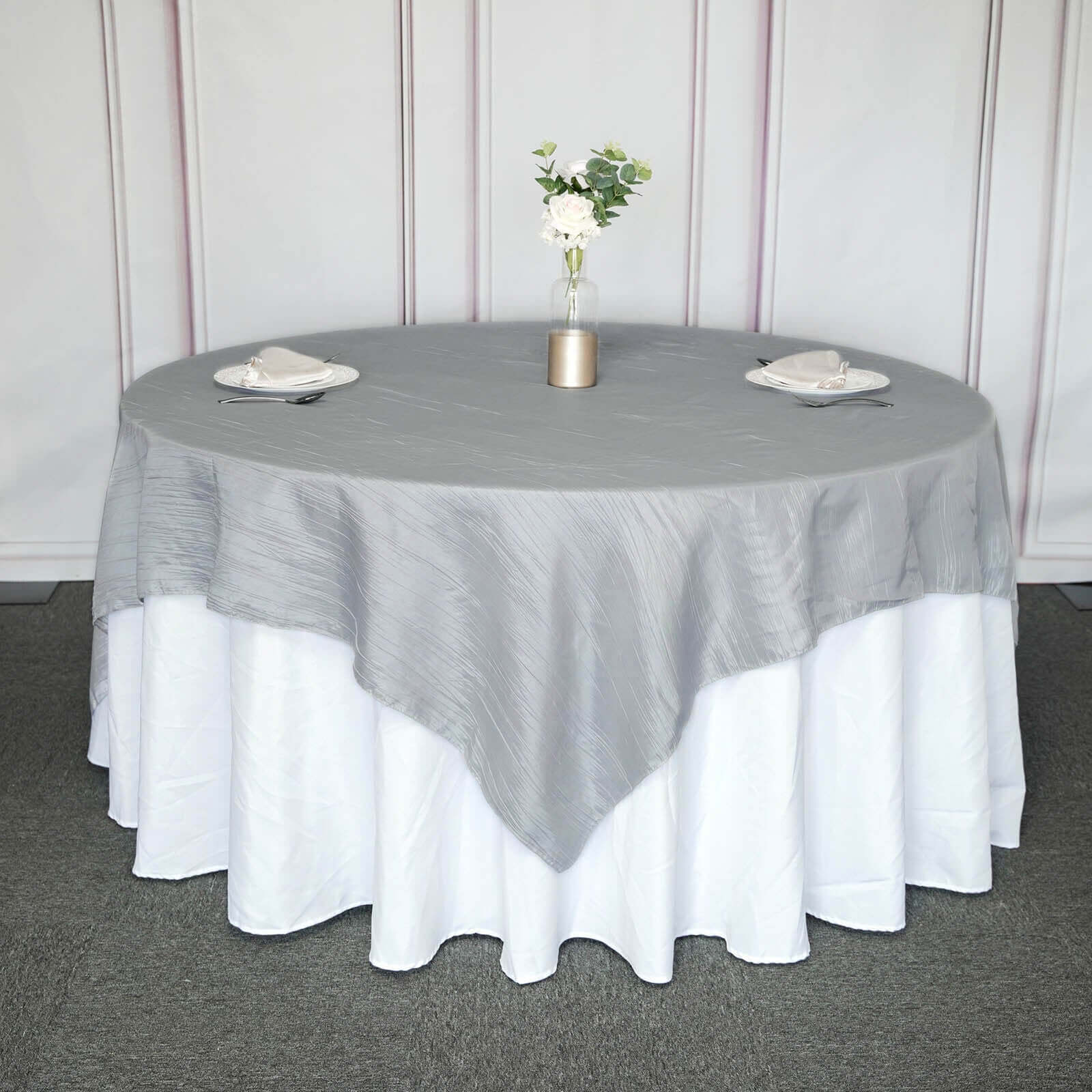 Taffeta 90"x90" Table Overlay Square Tablecloth Silver - Accordion Crinkle Table Cover Pro Linens